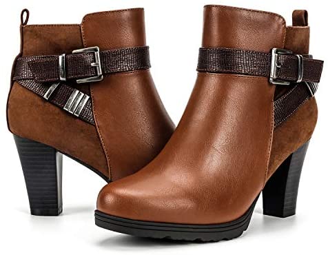 mysoft Women's Zipper Bootie Chunky Stacked Heel Ankle Boots Buckle Strap Ankle