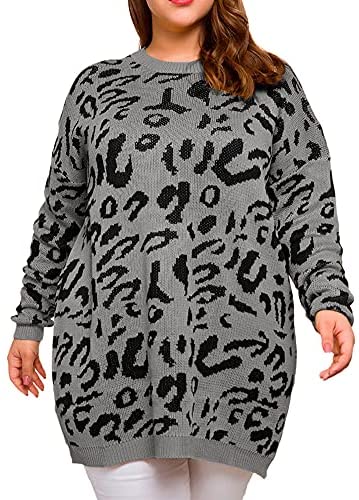 Women Plus Size Pullover Sweaters Long Sleeve Leopard Print Knitted Crew Neck Warm Sweater Tops