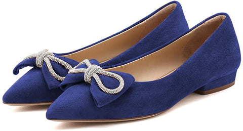 FSJ Women Fashion Sparkling Crystal Bowknot Chic Chain Comfortable Slip on Pointed Toe Low Heels Chunky Ballet Flats Dress Party Office Shoes Size 4-15 US