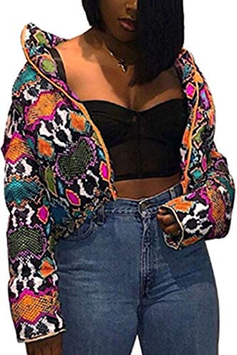 Women's Fashion Snakeskin Printed Jacket Casual Shiny Cotton Padded Outwear Coat