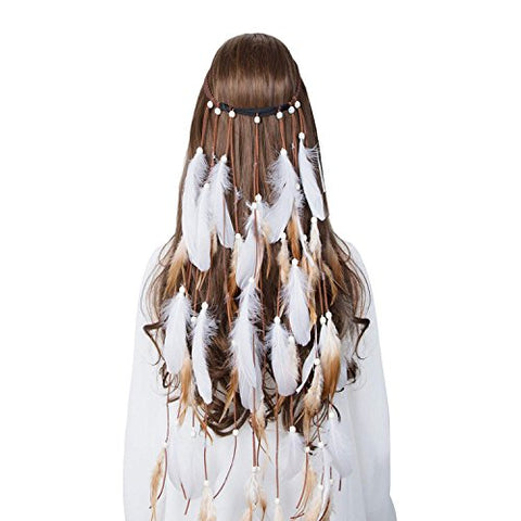 Hippie Headband Feather Dreamcatcher Headdress - AWAYTR Boho Feather Headwear Feather Headpiece Hippie Peacock Feather Festival Hair Band (Brown)