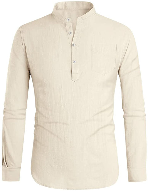 Men's Long Sleeve Henley Shirt Cotton Linen Loose Casual Hippie Tee Lightweight Summer Solid Beach Yoga Tops Beige