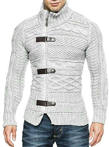 Karlywindow Mens Cable Knitted Cardigan Sweater Turtleneck Long Sleeve Slim Fit Winter Zipper Front Casual Pullover Sweaters