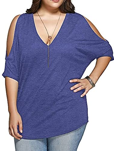 Women Plus Size Tops V Neck Short Sleeve Batwing Top Cold Shoulder T Shirt