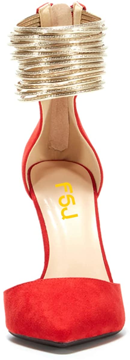 Women Chic Stiletto Heels D'Orsay Pumps Gold Ankle Strap Rings Closed Pointed Toe Heeled Sandals Back Zip Ladies Dress Shoes Size 4-15 US