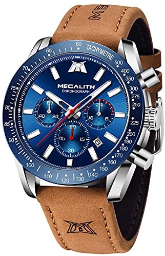 MEGALITH Mens Watch Waterproof Quartz Chronograph Watches for Men Men's Analog Stylish Sport Casual Classic Wrist Watch with Brown Leather Band Unique Gifts for Men