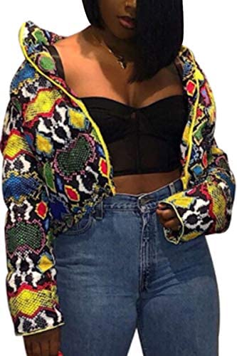 Women's Fashion Snakeskin Printed Jacket Casual Shiny Cotton Padded Outwear Coat