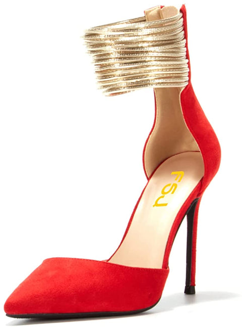 Women Chic Stiletto Heels D'Orsay Pumps Gold Ankle Strap Rings Closed Pointed Toe Heeled Sandals Back Zip Ladies Dress Shoes Size 4-15 US