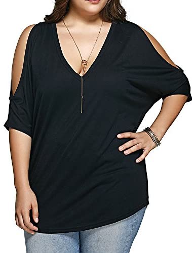 Women Plus Size Tops V Neck Short Sleeve Batwing Top Cold Shoulder T Shirt