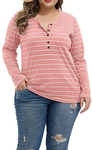Women Plus Size Tops Long Sleeve Knitwear Stripe Clothing Casual Polo Shirts Button Up Blouse