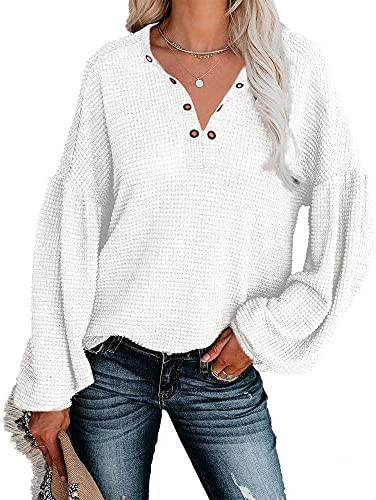 Women Casual V Neck Waffle Knit Shirts Tunic Tops Solid Color Loose Sweatshirts Pullover