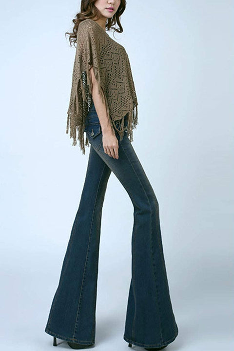 Women's Two Button Closure Mid Rise Stretchy Wide Bell Bottom Casual Long Denim Pant