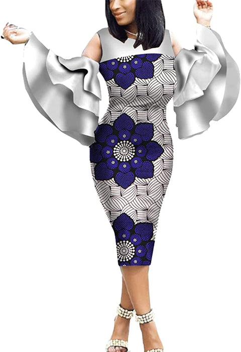 African Print Women Dress Long Flare Sleeves Knee-Length Pencil Ankara Party Dress Dashiki Traditional Costume