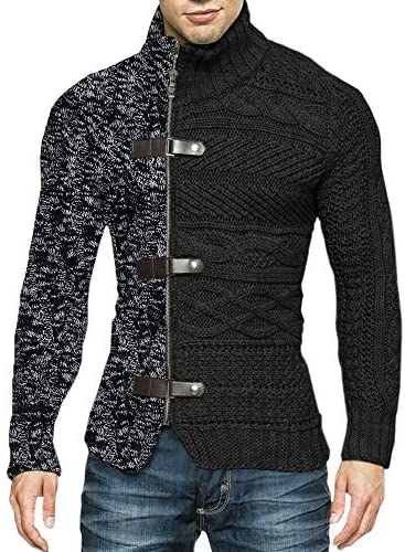 Karlywindow Mens Cable Knitted Cardigan Sweater Turtleneck Long Sleeve Slim Fit Winter Zipper Front Casual Pullover Sweaters