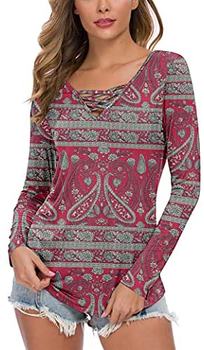 WNEEDU Women's Casual Long Sleeve T-Shirt Criss Cross V-Neck Basic Tees Tops