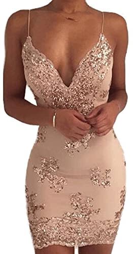 Women’s Sexy Backless Sparkling Dress Sequins Floral Deep V Neck Clubwear Party Bodycon Mini Short Dress