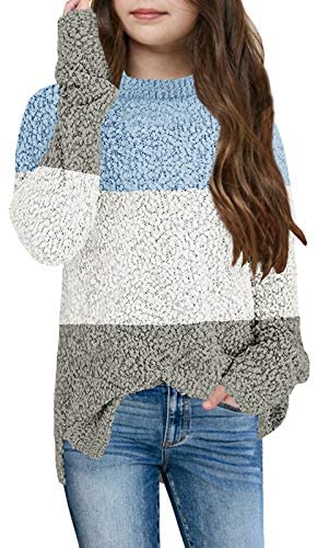 GAMISOTE Girl's Fuzzy Warm Sweater Crew Neck Chunky Side Slit Jumper Pullover Outwear