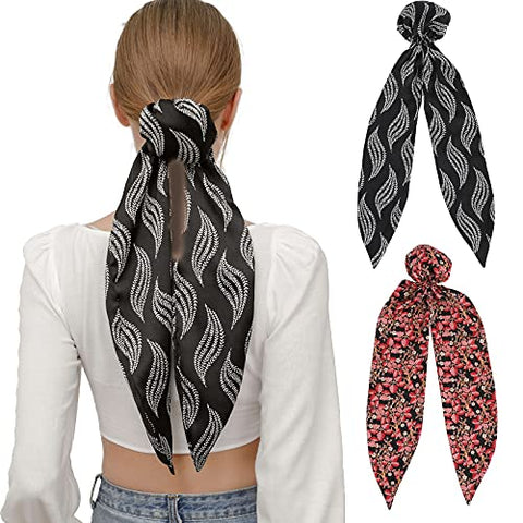 Women Silk Hair Bun Covers - 2Pcs Printed Silk Hair Scarves Elastic Hair Bun Cover Ballet Hair Snood for Women Girls Bun Cover with Riband