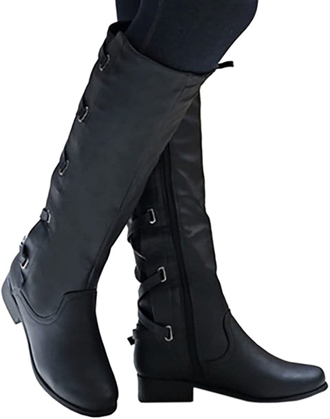 Womens Buckle Knee High Boots Riding Strappy Lace Up Pleated Low Heel Combat Boots