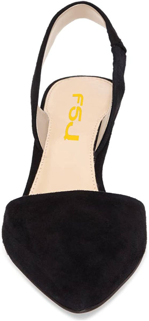 FSJ Fashion Low Kitten Heels Pumps for Women Pointed Toe Slingback Sandals Dress Shoes Size 9 Black