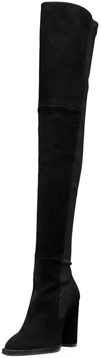FSJ Women Fashion Closed Almond Toe Over Knee High Boots Chunky High Heel Pumps Winter Office Shoes