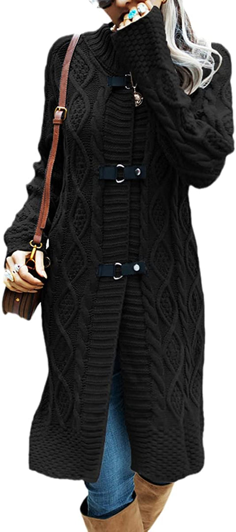 Womens Sweater Cardigans Turtleneck Long Open Front Cardigan Cable Knit Sweaters with Leather Buckle Coat
