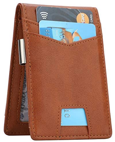 Slim Minimalist Front Pocket Wallet with Money Clip for Men, Genuine Leather RFID Blocking