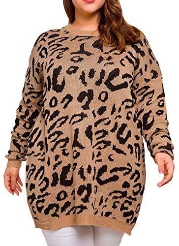Women Plus Size Pullover Sweaters Long Sleeve Leopard Print Knitted Crew Neck Warm Sweater Tops