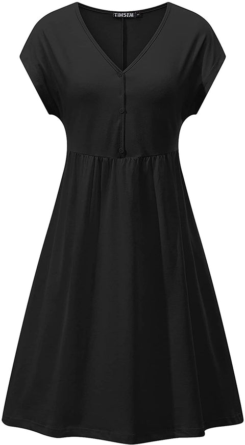TIMSEM Women's Short Sleeve Dresses V Neck Half Button Summer Floral Smock Dress