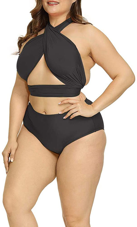 Women Plus Size Swimsuit Self Tie Bikini Sets Two Piece Backless Swimwear