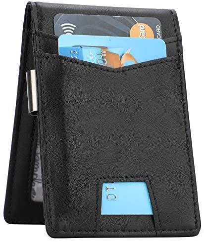 Slim Minimalist Front Pocket Wallet with Money Clip for Men, Genuine Leather RFID Blocking