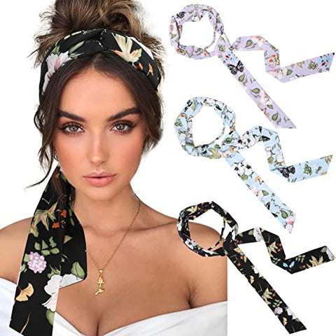 Women Long Head Wraps Bands - Twist Knotted Headbands for Women Long Thick Hair 3PCS Chiffon Criss Cross Head Wraps Non Slip Hair Band (navy red white)