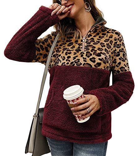 Women's Leopard Print Long Sleeve Pocket Sweatshirt Fuzzy Sweatshirt