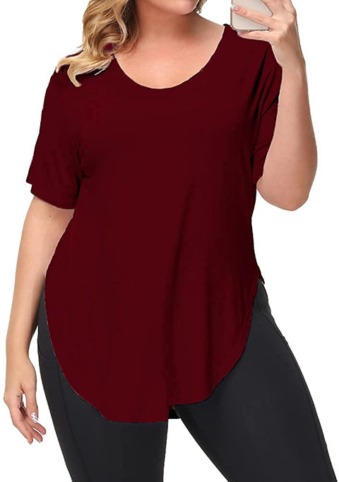 Womens Casual Scoop Collar Plus Size T Shirts Black 1X & Side Split Tops Without Pockets Wine Red 1X