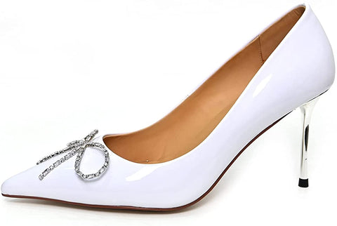 FSJ Women Fashion Pointed Toe Studded Classic Stiletto High Heel Dress Slip on Pumps Cute Buckle Wedding Party Shoes with Rhinestone Size 4-15 US