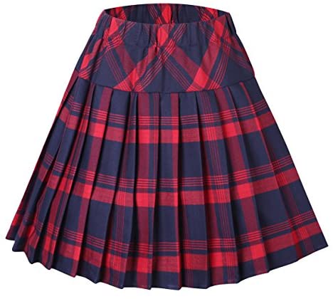 Women's Elastic Waist Plaid Pleated Skirt Tartan Skater School Uniform Mini Skirts
