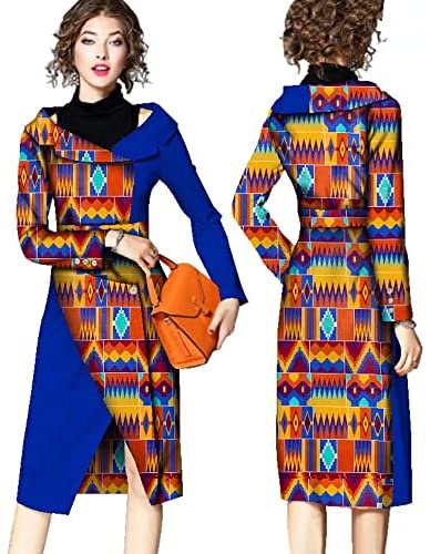 African Dashiki Print Dresses for Women Turn-Down Collar Mix Match Mid Calf Full Sleeve Party Dress