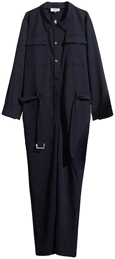 Men's Fashion Long Sleeve Cargo Jumpsuit Casual Solid Color Button Down Coverall