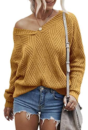 Womens Fashion Sweaters Sexy V Neck Long Sleeve Oversized Cable Knit Pullovers Casual Tunic Tops