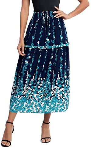 Women's Casual Elastic Waist Floral Print Pleated Maxi Skirt with Pocket