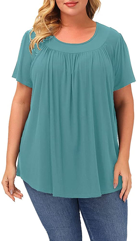 Plus Size Blouse Women Short Sleeve Blouses Summer Casual Pleated Tops
