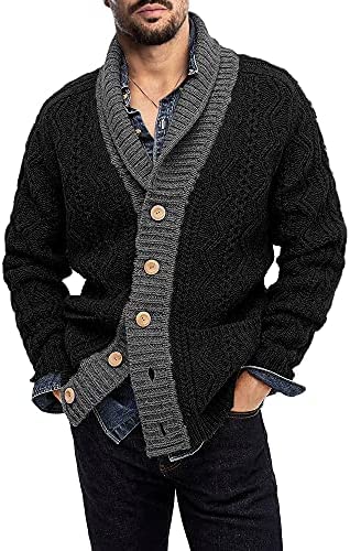 Yasiter Mens Shawl Collar Cable Knit Cardigan Sweater Button Loose Fit Long Sleeve Sweaters with Pockets