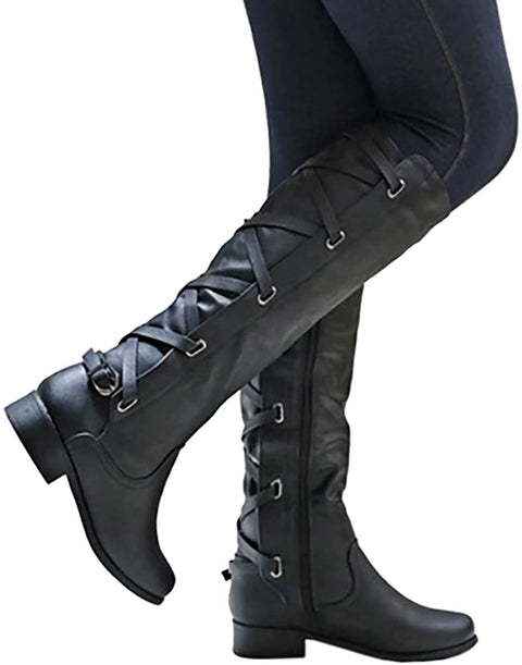 Womens Buckle Knee High Boots Riding Strappy Lace Up Pleated Low Heel Combat Boots