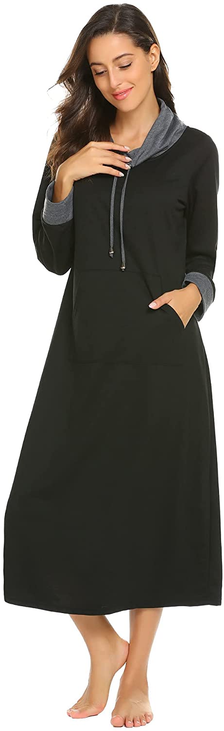 Ekouaer Nightgown Women High Neck Sleepwear Long Sleeve Nightshirt Full Length Nightdress with Pocket S-3XL