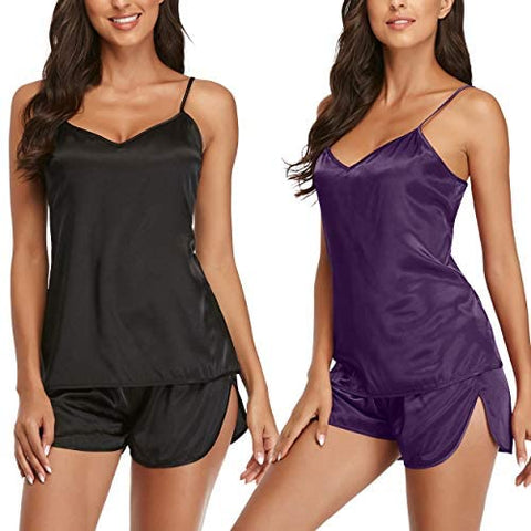 Womens Pajamas, Cool Satin Cami Shorts Set Lightweight Nightwear Silk Pajamas for Women