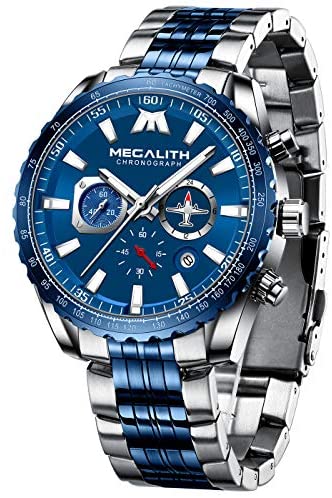 MEGALITH Mens Watches Chronograph Waterproof Watch Stainless Steel Watch Men Sports Military Watch Analog Quartz Date Calendar Luminous Watches for Man Business Gents Multifunctional Wrist Watch