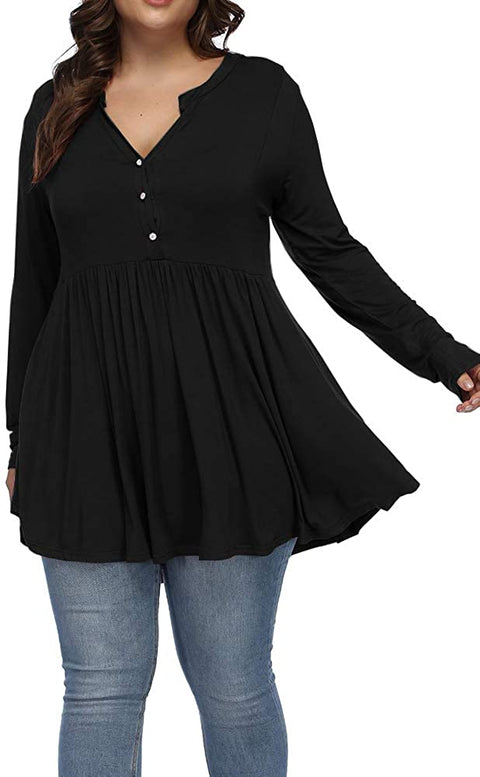 Women's Plus Size Henley V Neck Button Tunic Tops Long sleeve Swing Flowy Shirts