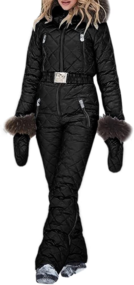 Womens Onesies Ski Suit Winter Outdoor Waterproof Ski Jumpsuit Jacket Overall Snowsuit Fur Collar with Hoodies Removable