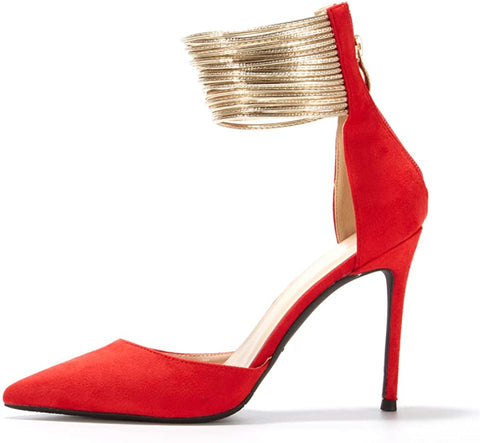 Women Chic Stiletto Heels D'Orsay Pumps Gold Ankle Strap Rings Closed Pointed Toe Heeled Sandals Back Zip Ladies Dress Shoes Size 4-15 US