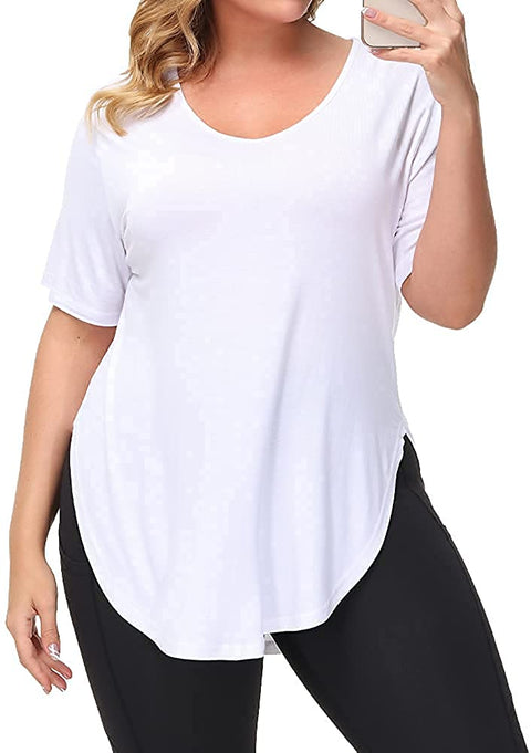 Womens Casual Scoop Collar Plus Size T Shirts Black 4X & Side Split Tops Without Pockets White 4X